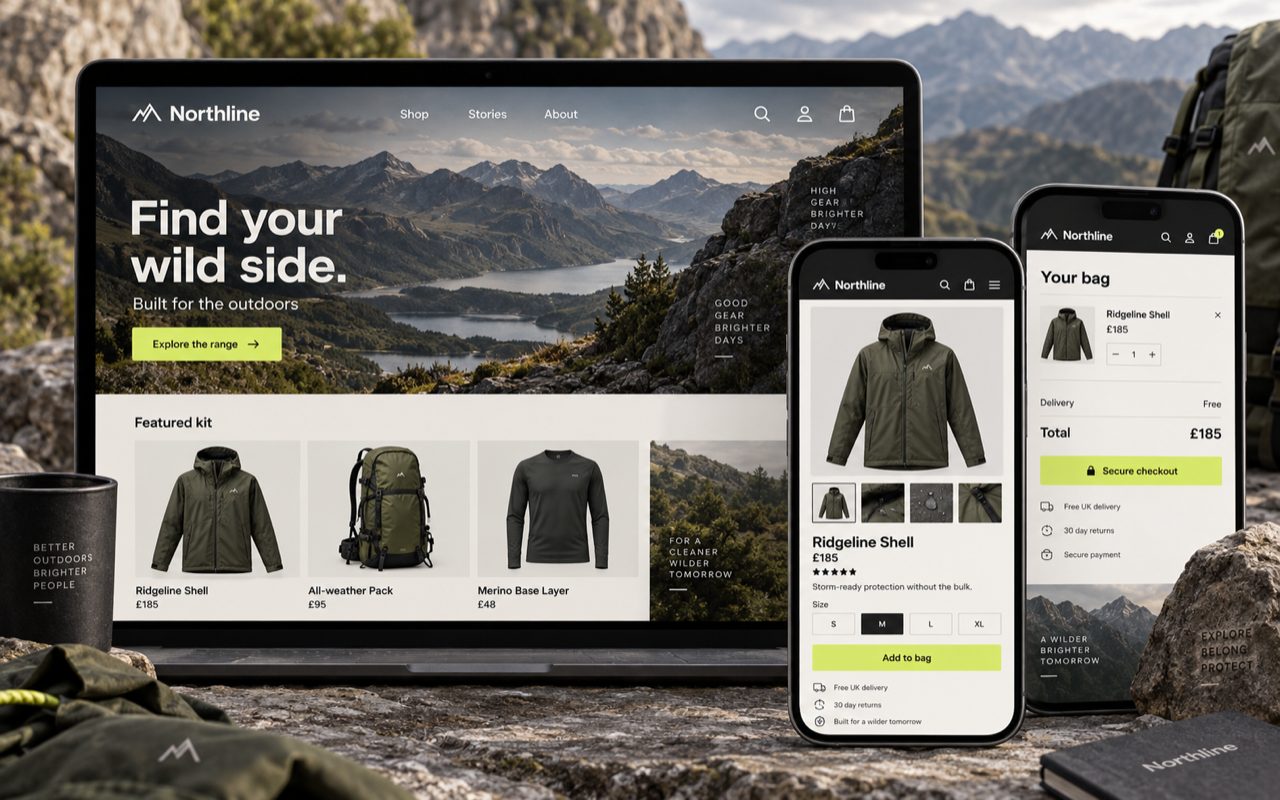 Northline outdoor store showing its desktop storefront, product page and mobile checkout