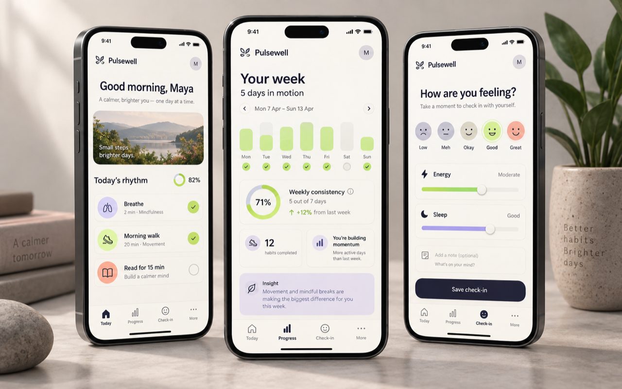 Pulsewell wellness app showing today's habits, weekly progress and a wellbeing check-in